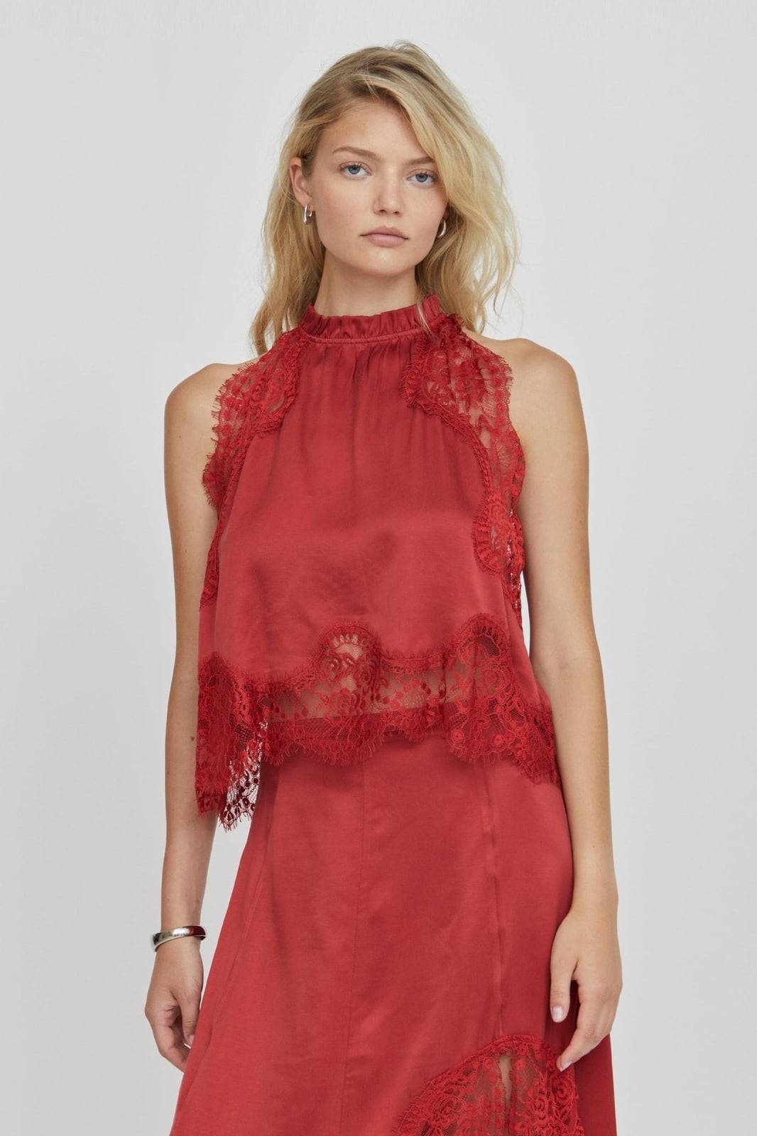 Red Satin Lace Trim Top Red Satin Lace Trim Top — Trendy Red Top Outfits
