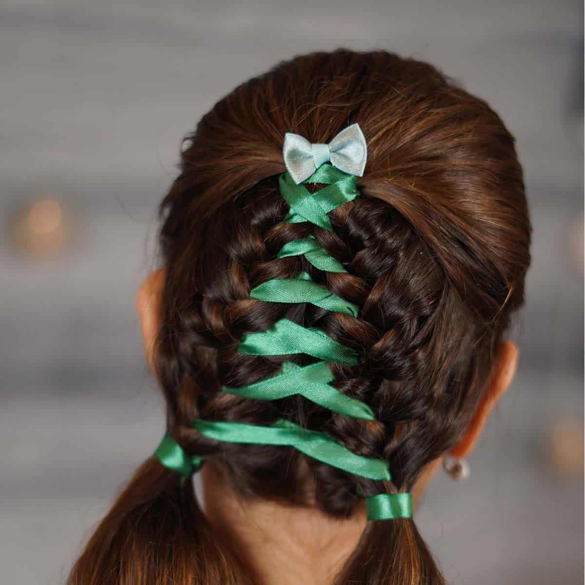 Mid-Back Braids With Green Ribbon Criss-Cross Mid-Back Braids With Green Ribbon Criss-Cross — Trendy Ribbon Braids