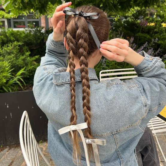 Mid-Back Straight Brown Braids With End Ribbons Mid-Back Straight Brown Braids With End Ribbons — Trendy Ribbon Braids