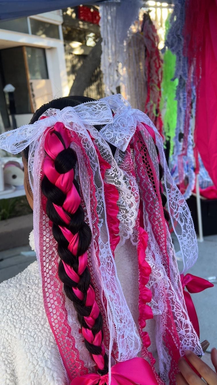 Mid-Back Coily Braids With Pink Ribbon and Lace Mid-Back Coily Braids With Pink Ribbon and Lace — Trendy Ribbon Braids
