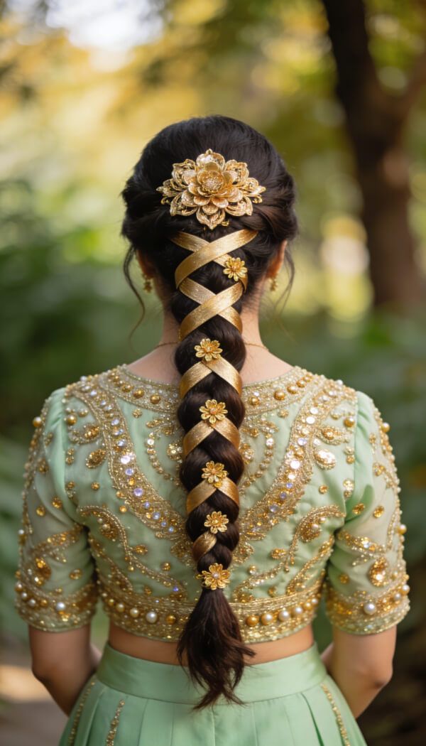 Thick Dark Brown Dutch Braid With Gold Ribbons Thick Dark Brown Dutch Braid With Gold Ribbons — Trendy Ribbon Braids
