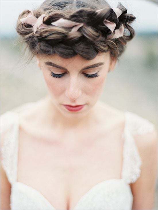 Dark Brown Wavy Crown Braid With Light Pink Ribbons Dark Brown Wavy Crown Braid With Light Pink Ribbons — Trendy Ribbon Braids