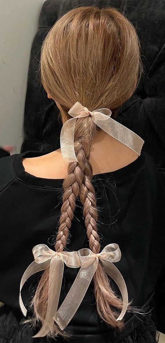 Pinkish Blonde Braids With Sheer Ribbon Bows Pinkish Blonde Braids With Sheer Ribbon Bows — Trendy Ribbon Braids