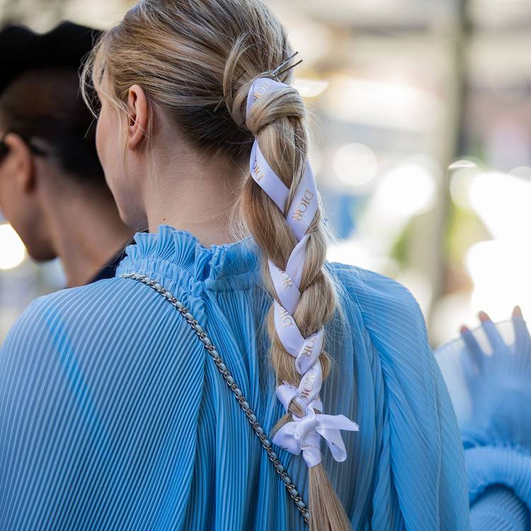 Blonde Straight Braid With White Ribbon Detail Blonde Straight Braid With White Ribbon Detail — Trendy Ribbon Braids