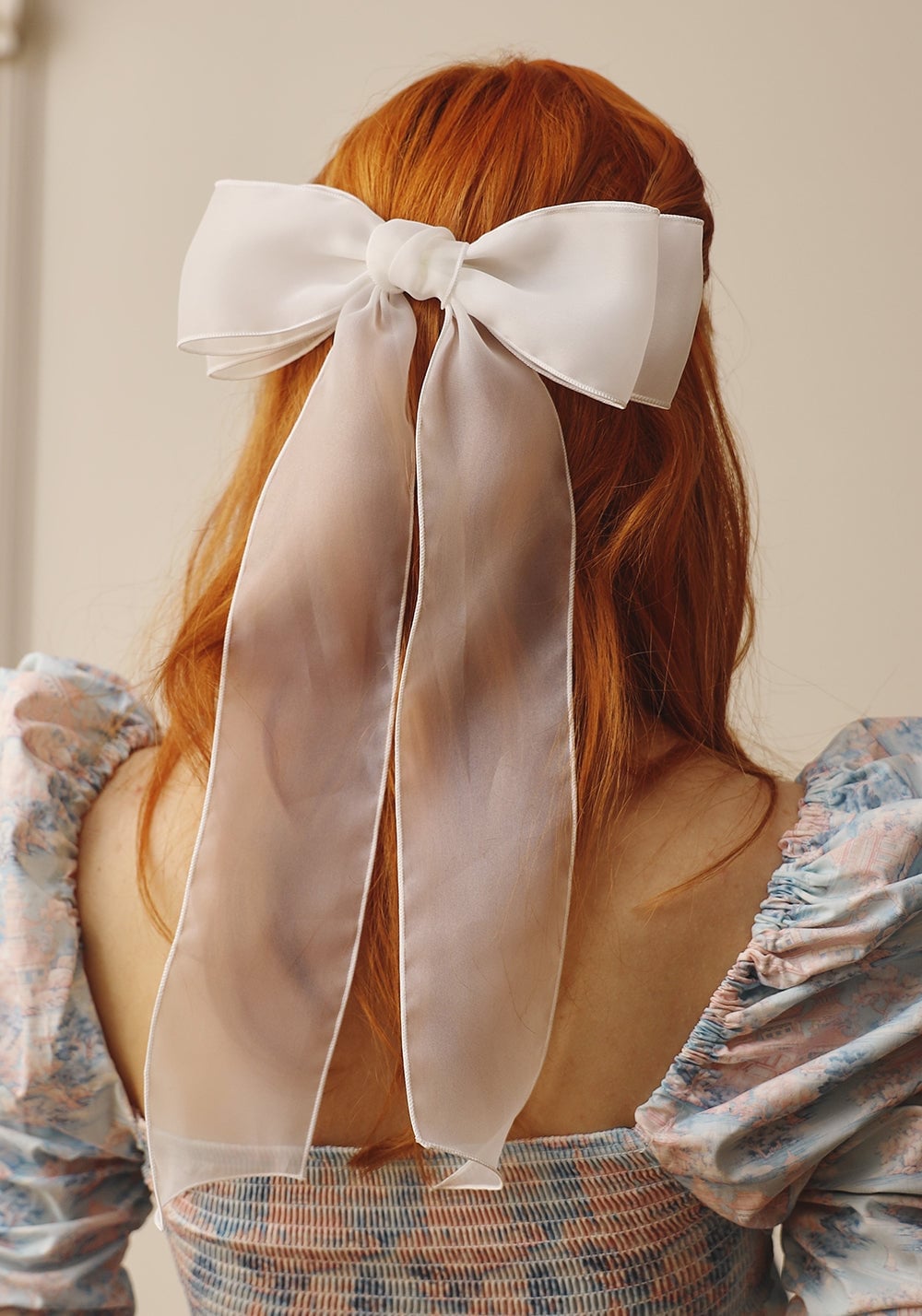 Mid-Back Wavy Red With Oversized White Bow, Layers — Trendy Ribbon Hair