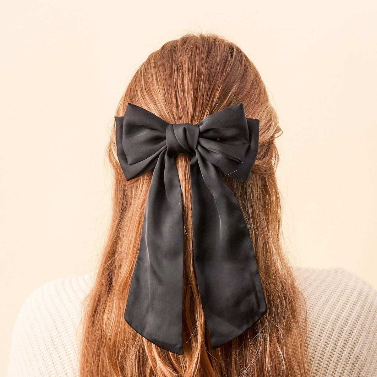 Mid-Back Light Brown Half Updo With Black Bow — Trendy Ribbon Hair