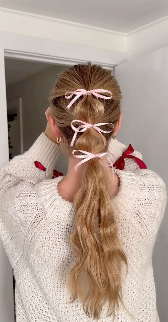 Mid-Back Bubble Ponytail With Pink Bows — Trendy Ribbon Hair