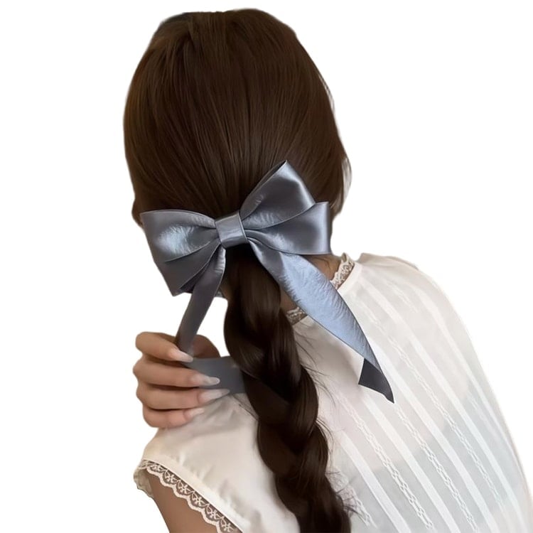 Mid-Back Braid With Grey Ribbon Bow — Trendy Ribbon Hair