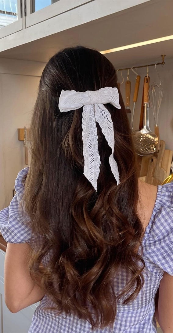 Mid-Back Half Updo With White Lace Bow — Trendy Ribbon Hair