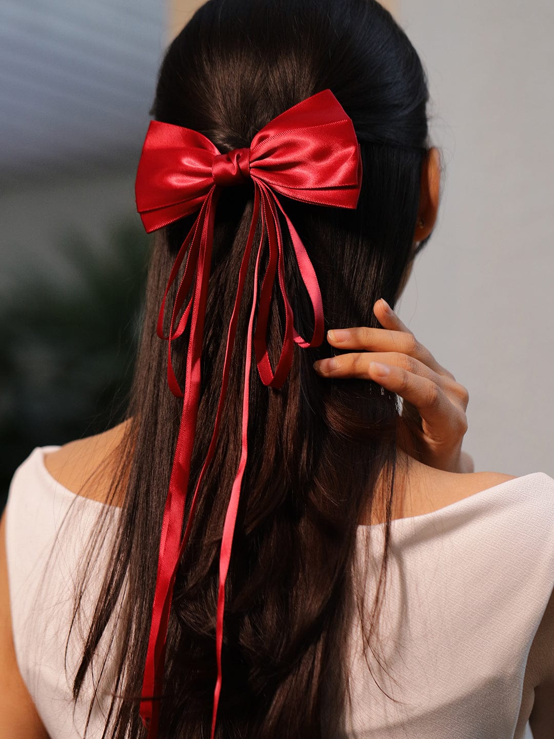 Mid-Back Straight Dark Brown With Red Bow — Trendy Ribbon Hair