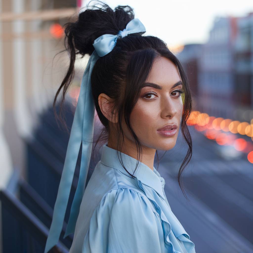 Mid-Back High Ponytail With Blue Bow, Dark Brown — Trendy Ribbon Hair