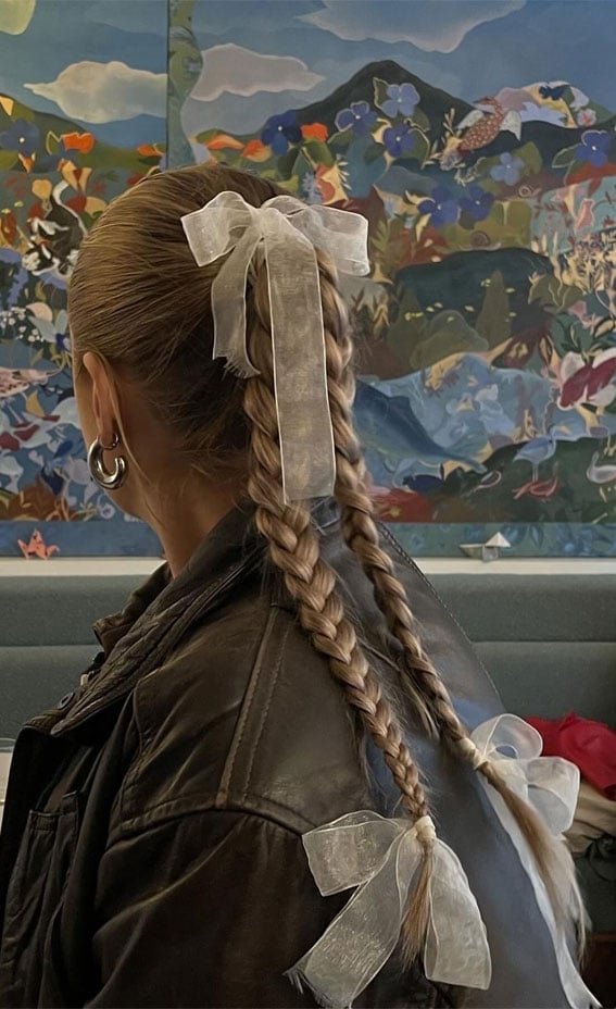 Mid-Back Double Braids With Sheer White Ribbons — Trendy Ribbon Hair