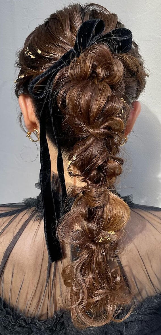 Mid-Back Intricate Braid With Black Ribbon — Trendy Ribbon Hair