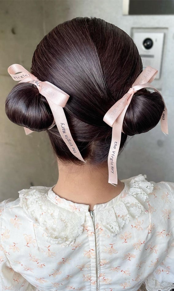 Mid-Back Double Buns With Pink Bows — Trendy Ribbon Hair
