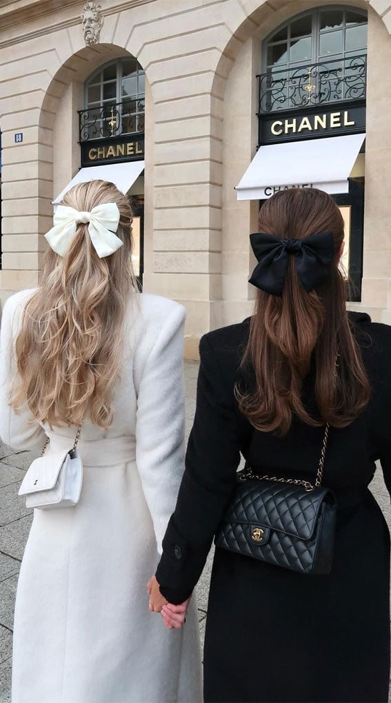Collarbone Half Up Half Down With Curtain Bangs — Trendy Ribbon Hair
