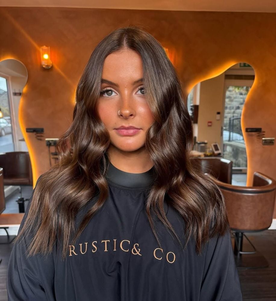 Mid-Back Chocolate Brown With Glossy Shine Mid-Back Chocolate Brown With Glossy Shine — Trendy Rich Brunette