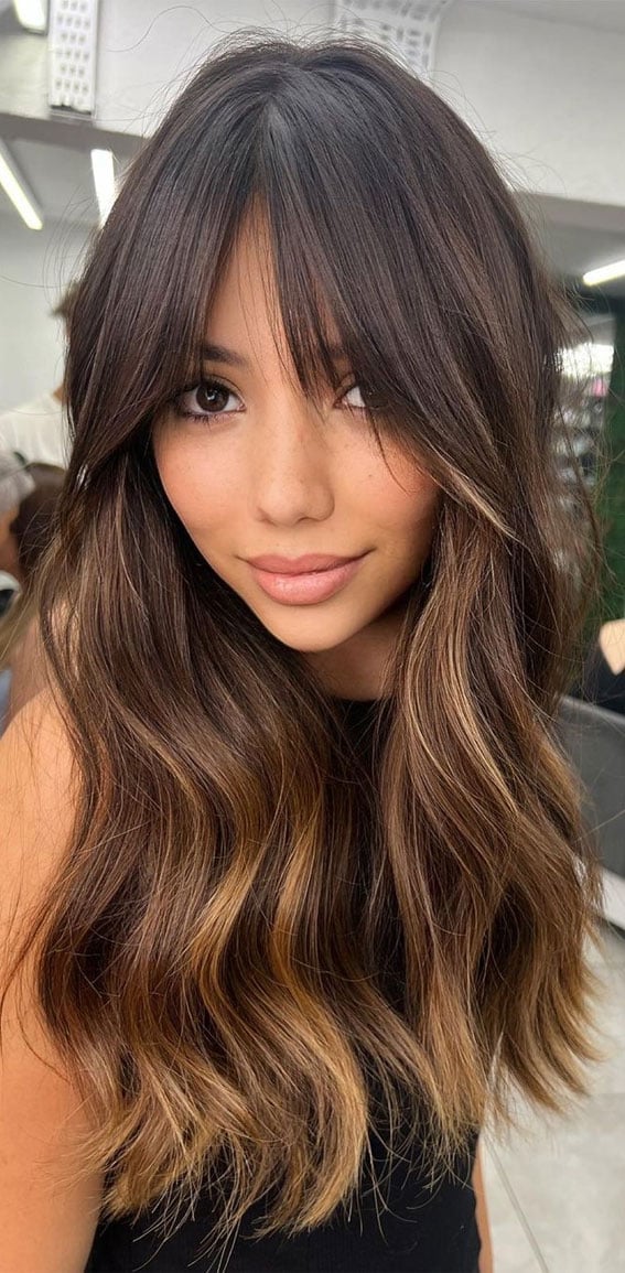 Collarbone Length With Caramel Blonde Balayage Collarbone Length With Caramel Blonde Balayage — Trendy Rich Brunette