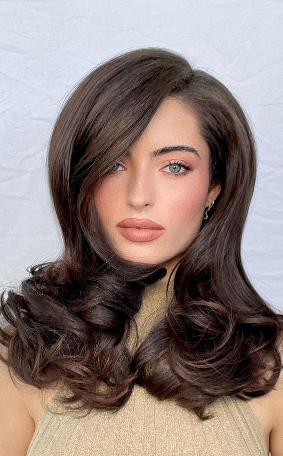 Shoulder Length Cut With Side-Swept Bangs Shoulder Length Cut With Side-Swept Bangs — Trendy Rich Brunette