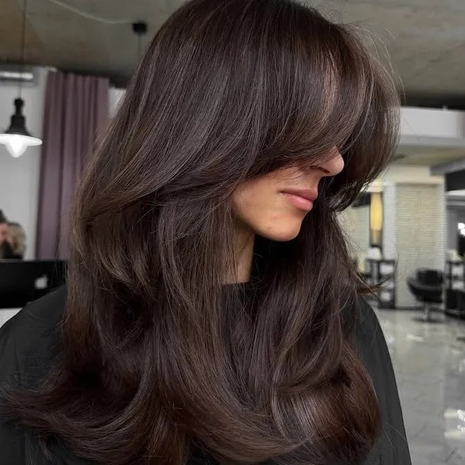 Mid-Back Espresso Brown With Smooth Blowout Mid-Back Espresso Brown With Smooth Blowout — Trendy Rich Brunette
