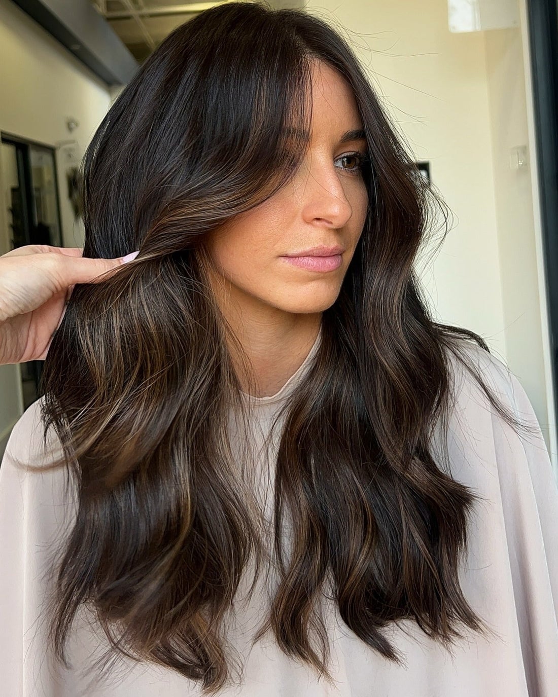 Long Dark Brown With Highlighted Strands Long Dark Brown With Highlighted Strands — Trendy Rich Brunette