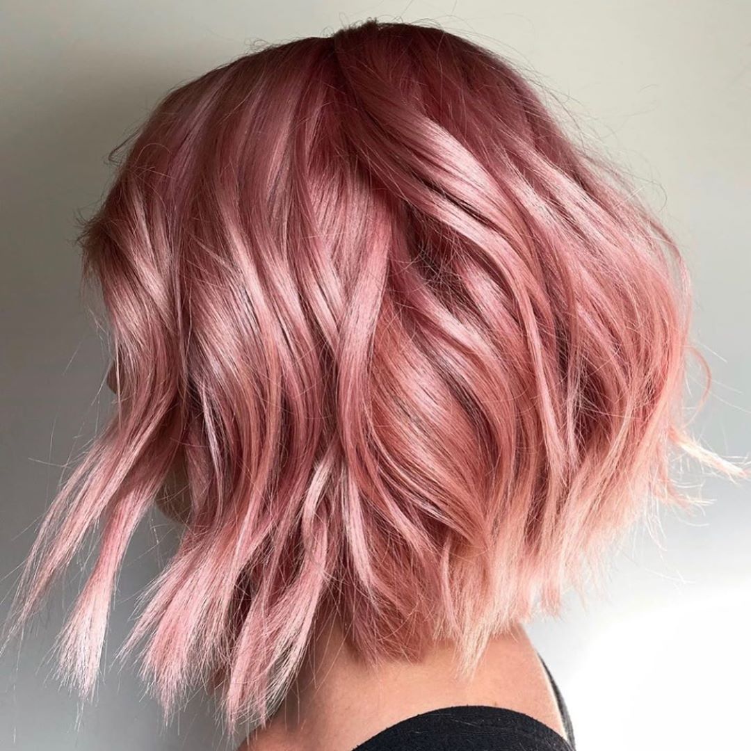 Chin Length Bob With Glossy Rose Gold, Wavy — Trendy Rose Gold Hair