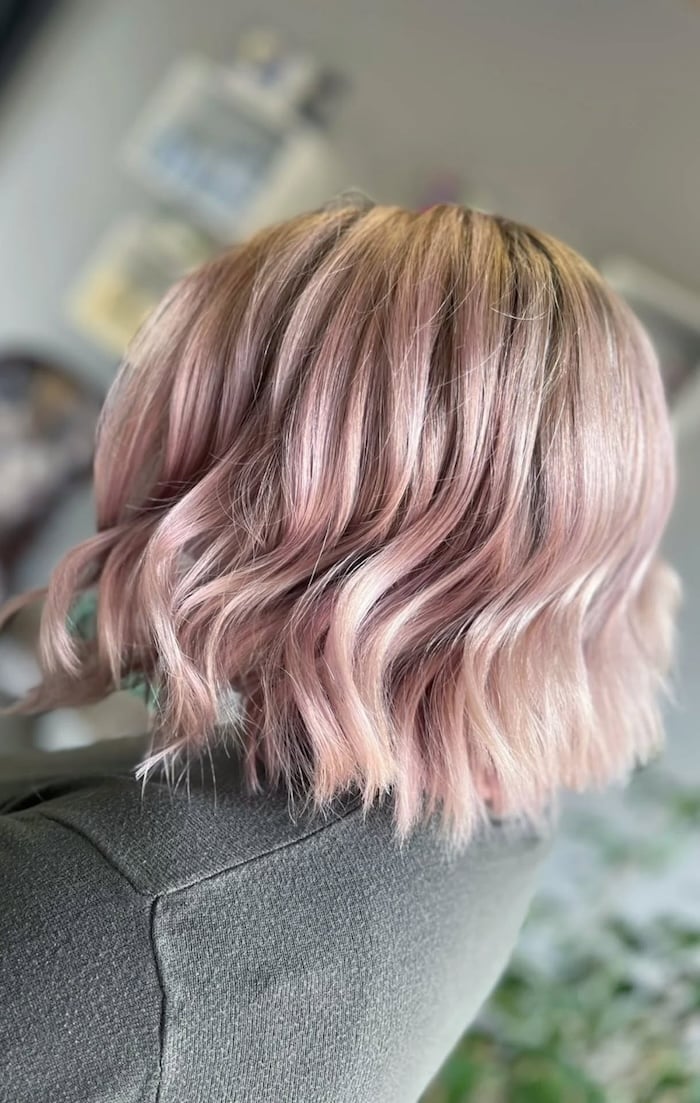 Chin Length Rose Gold Bob Waves With Wavy Fine — Trendy Rose Gold Hair