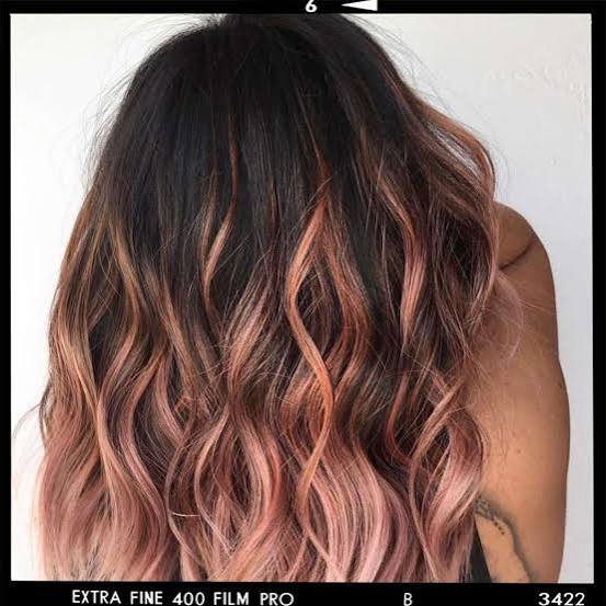 Mid-Back Rose Gold Balayage On Dark Base — Trendy Rose Gold Hair