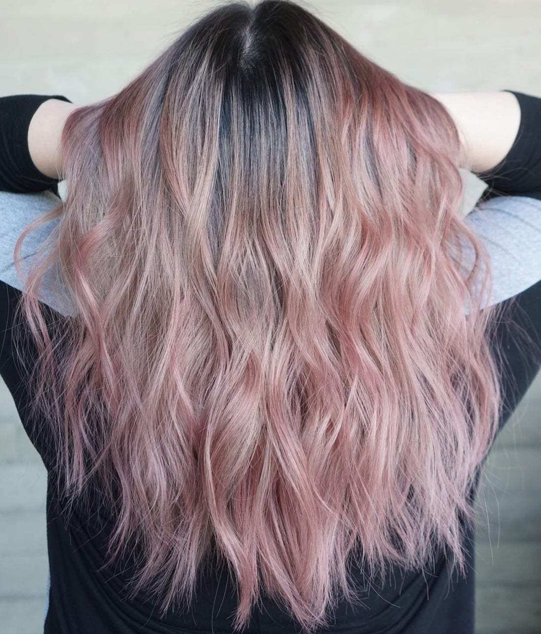 Mid-Back Rose Gold Balayage Waves — Trendy Rose Gold Hair
