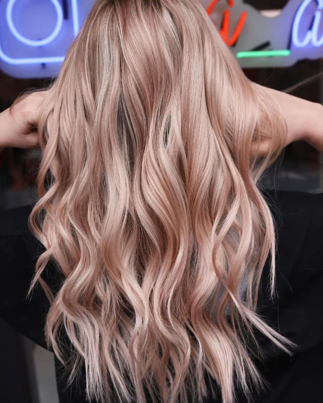 Collarbone Rose Gold With Blonde Balayage — Trendy Rose Gold Hair
