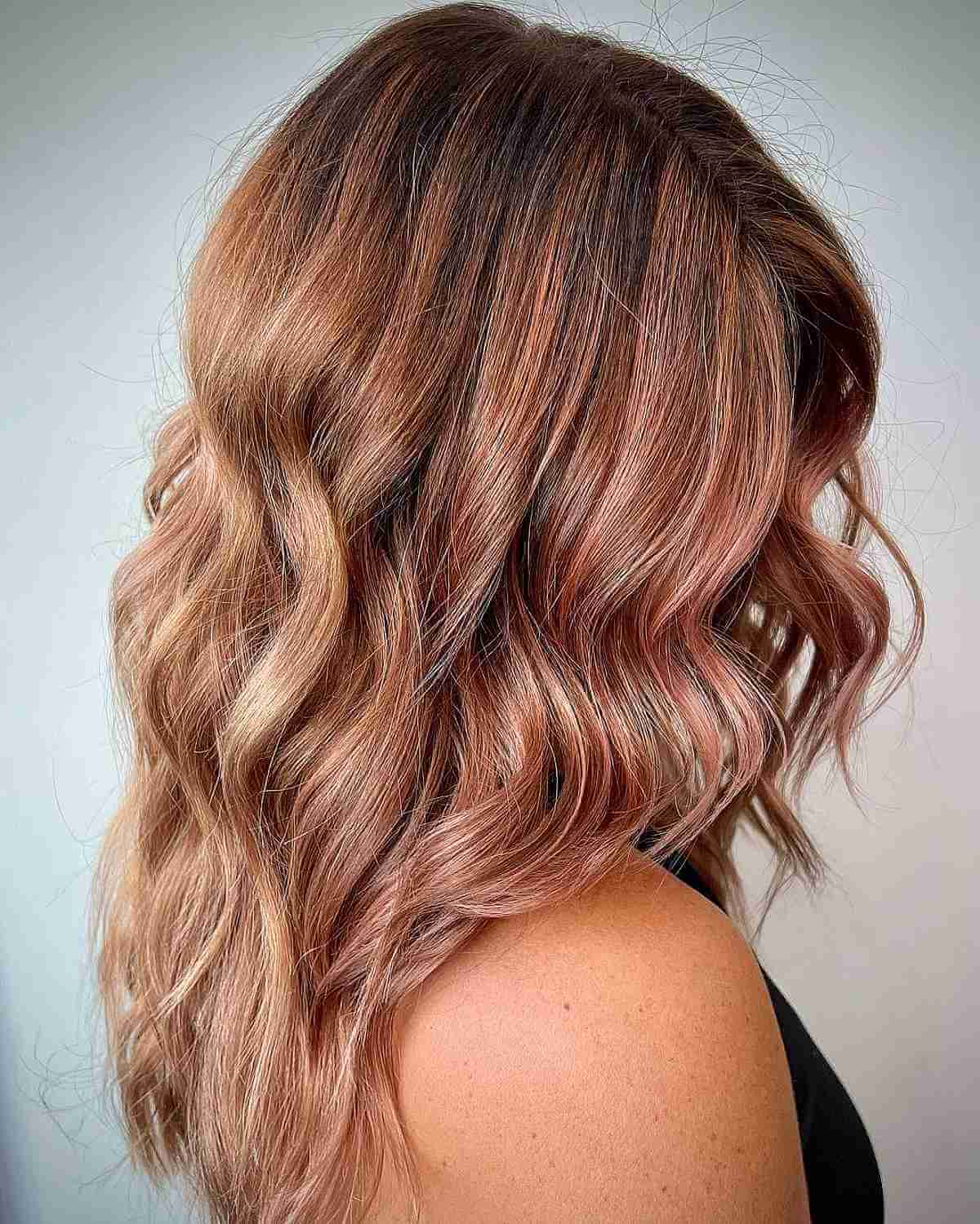 Shoulder Length Layers With Warm Rose Gold — Trendy Rose Gold Hair