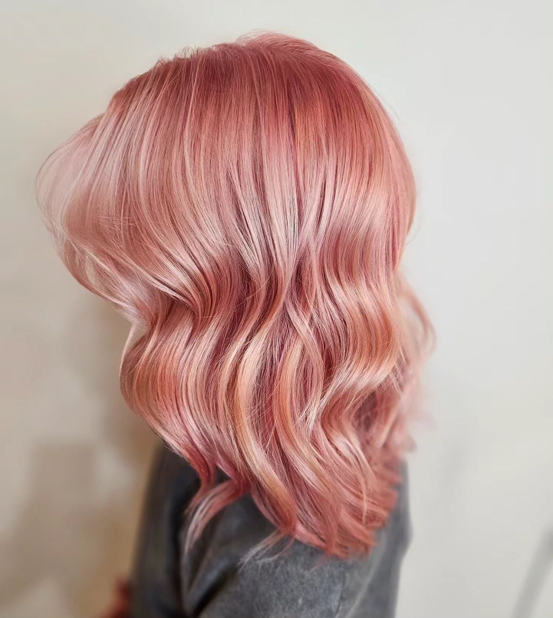 Shoulder Length Rose Gold With Curtain Bangs — Trendy Rose Gold Hair