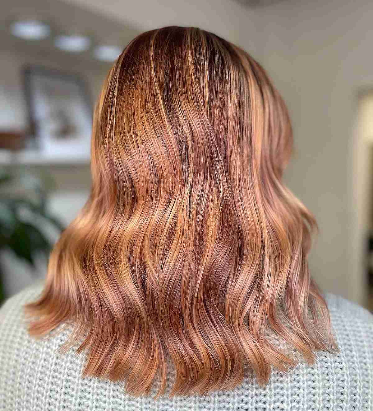 Mid-Back Rose Gold Balayage Layers, Wavy — Trendy Rose Gold Hair