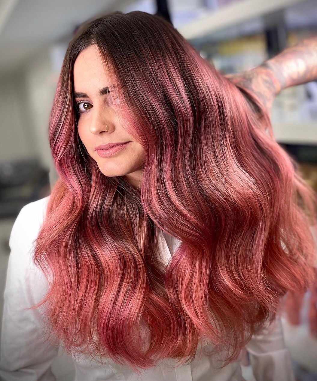 Mid-Back Rose Gold Ombre With Long Layers — Trendy Rose Gold Hair