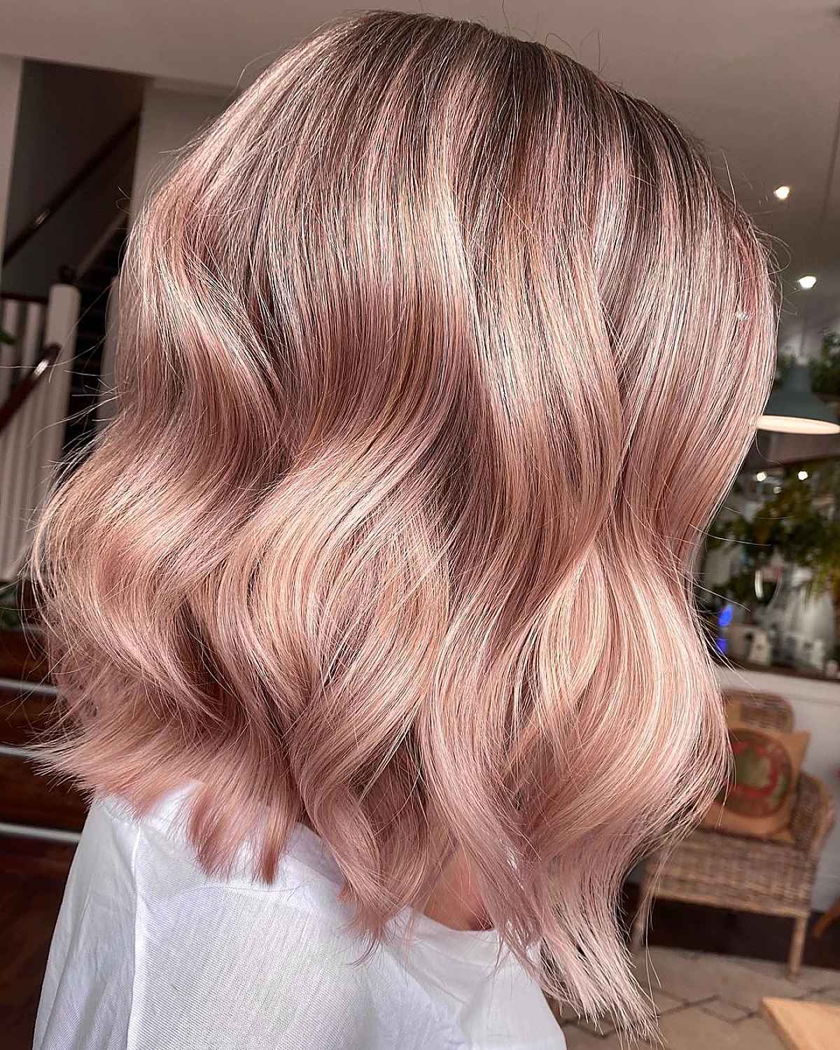 Chin Length Bob With Rose Gold Highlights — Trendy Rose Gold Hair