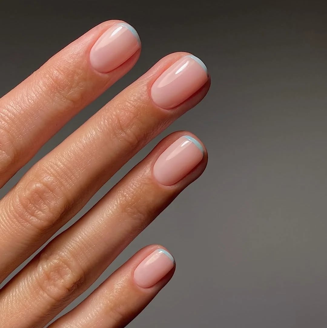 Nude Base Light Blue Tip Round Nails Nude Base Light Blue Tip Round Nails — Trendy Round Nails