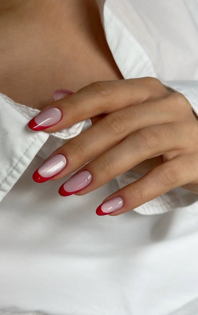 Sheer Pink Red French Tip Oval Nails Sheer Pink Red French Tip Oval Nails — Trendy Round Nails