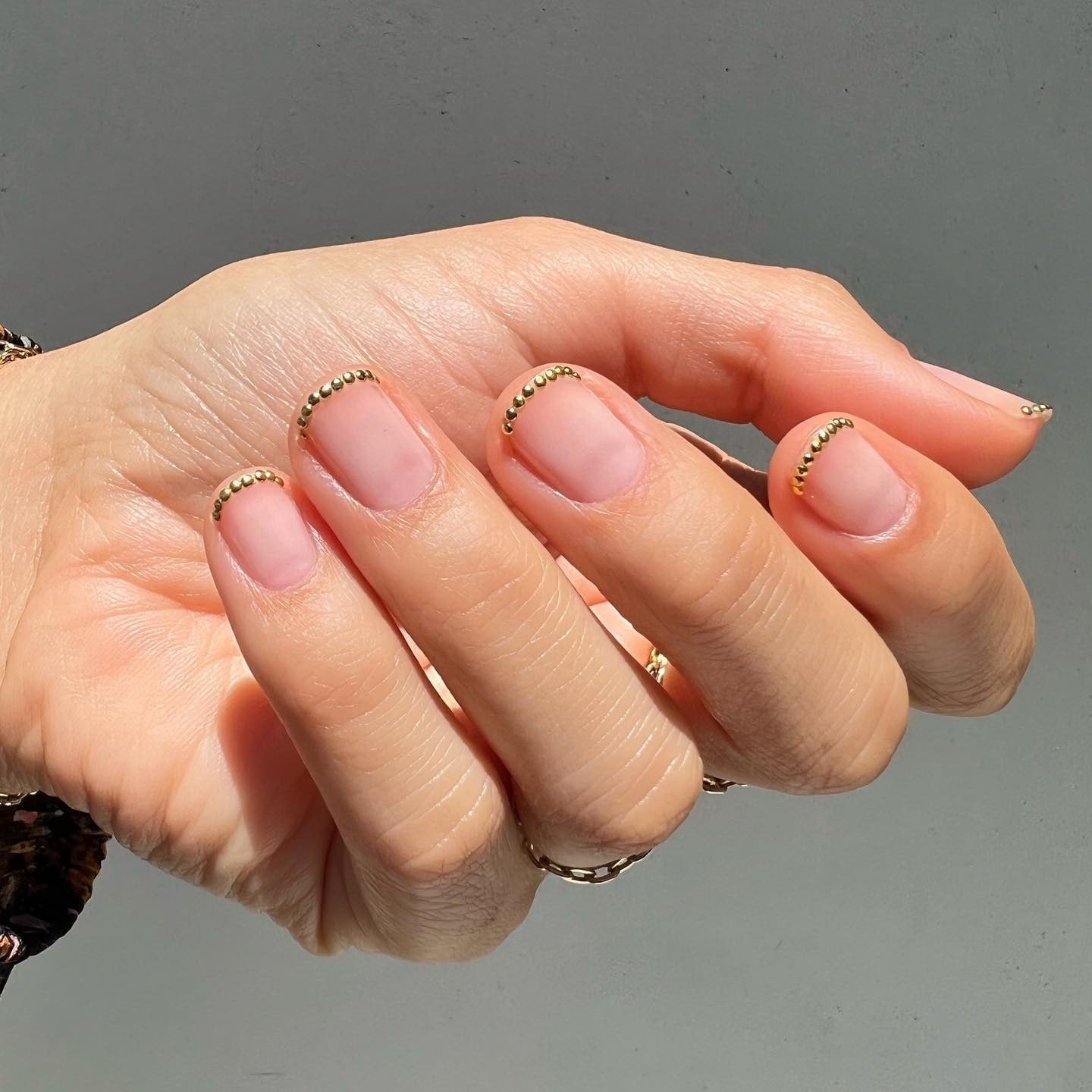 Sheer Nude Gold Bead French Oval Nails Sheer Nude Gold Bead French Oval Nails — Trendy Round Nails