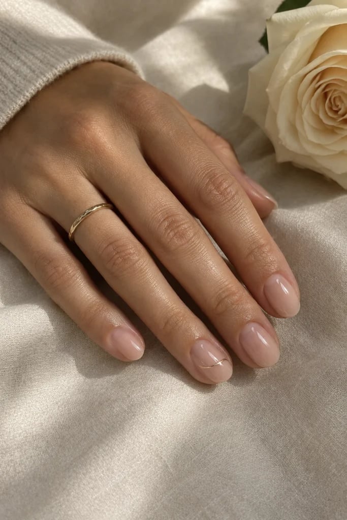 Sheer Nude Gold Line Accent Short Oval Nails Sheer Nude Gold Line Accent Short Oval Nails — Trendy Round Nails