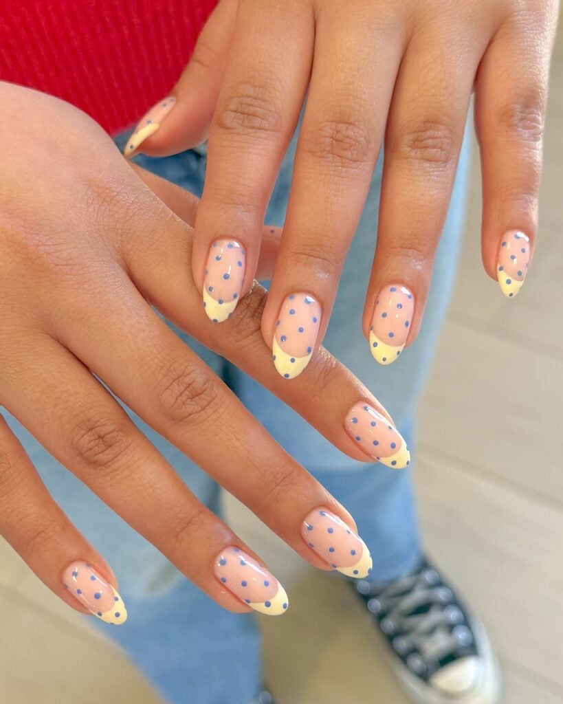 Pink Yellow Blue Polka Dot French Oval Nails Pink Yellow Blue Polka Dot French Oval Nails — Trendy Round Nails