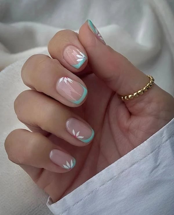 Mint Green Outline Flower French Square Nails Mint Green Outline Flower French Square Nails — Trendy Round Nails