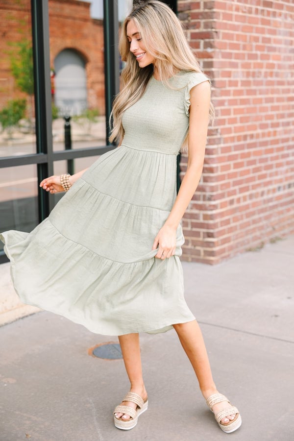 Sage Green Tiered Midi Dress with Smocked Bodice Sage Green Tiered Midi Dress with Smocked Bodice — Trendy Sage Green Dress