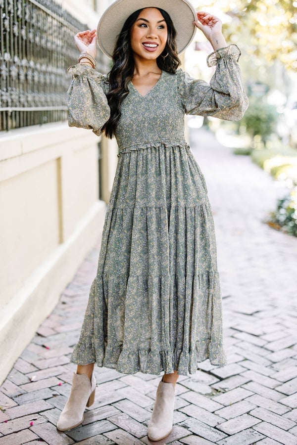 Sage Green Floral Print Tiered Midi Dress With Ankle Boots Sage Green Floral Print Tiered Midi Dress With Ankle Boots — Trendy Sage Green Dress