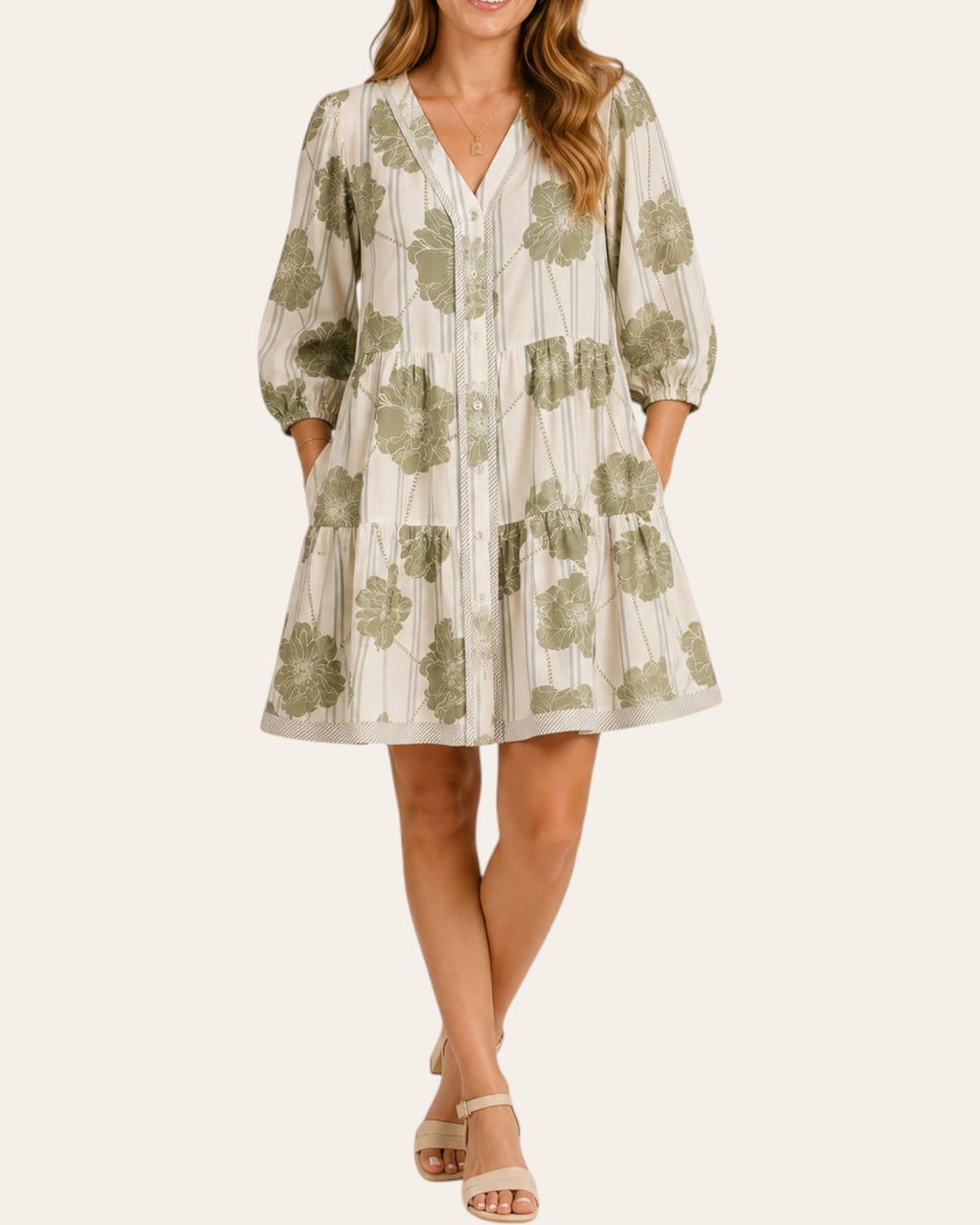 Cream Tiered Dress with Green Floral Print, A-Line, Close-Up Take Cream Tiered Dress with Green Floral Print, A-Line, Close-Up Take — Trendy Sage Green Dress