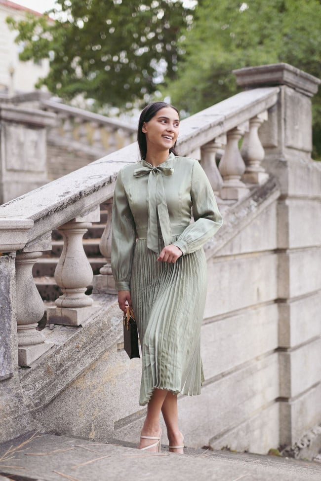 Sage Green Fit and Flare Dress with Bow Neckline Sage Green Fit and Flare Dress with Bow Neckline — Trendy Sage Green Dress