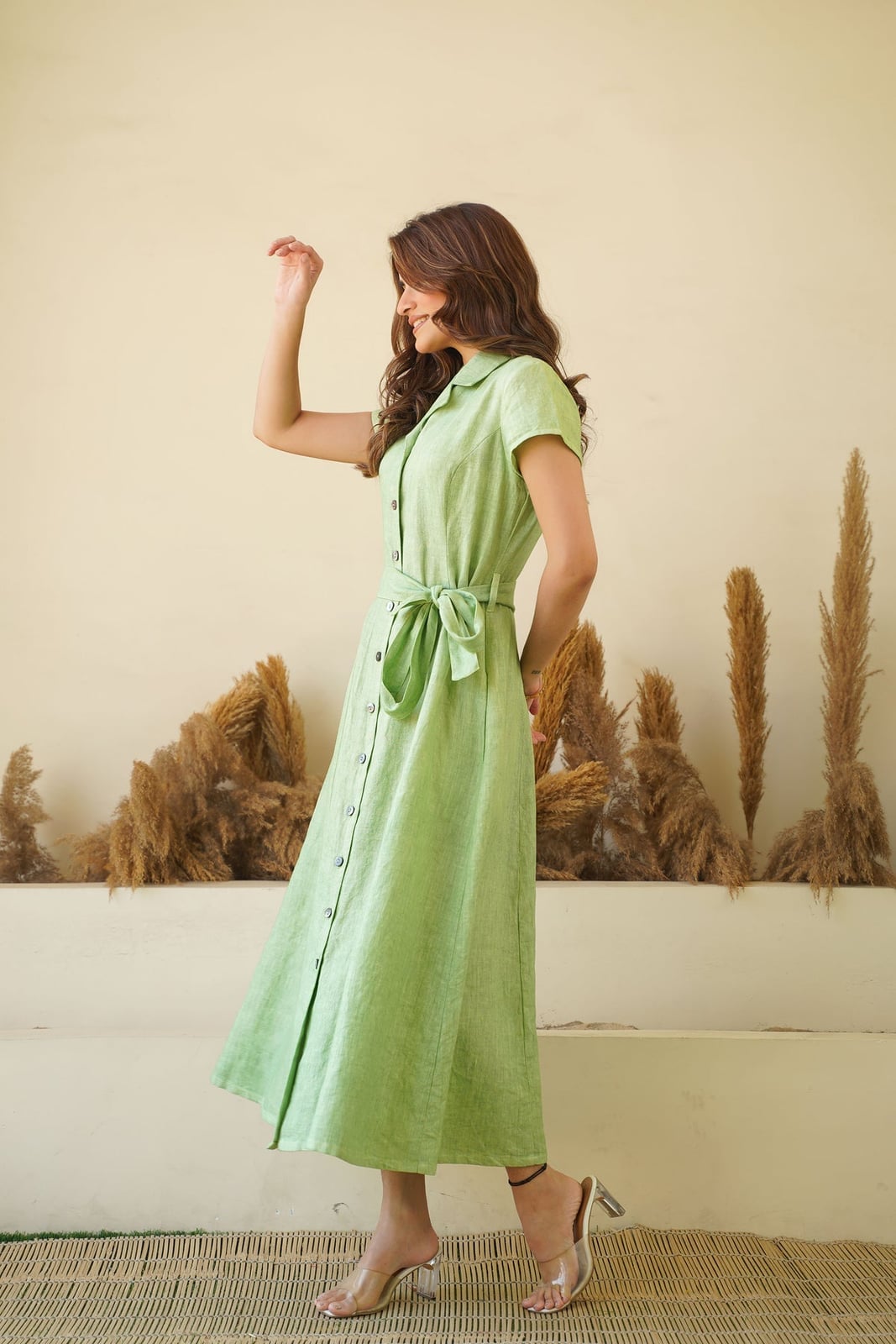 Bright Green Linen Midi Dress with Lapel Collar Bright Green Linen Midi Dress with Lapel Collar — Trendy Sage Green Dress