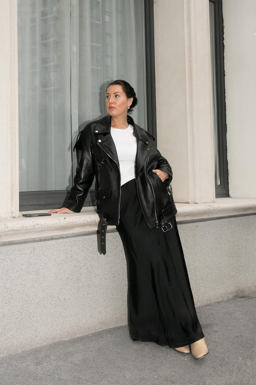 Black Satin Midi Skirt With White Tee And Moto Jacket — Trendy Satin Skirt Outfits