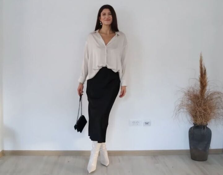 Black Pencil Skirt With Champagne Satin Shirt — Trendy Satin Skirt Outfits