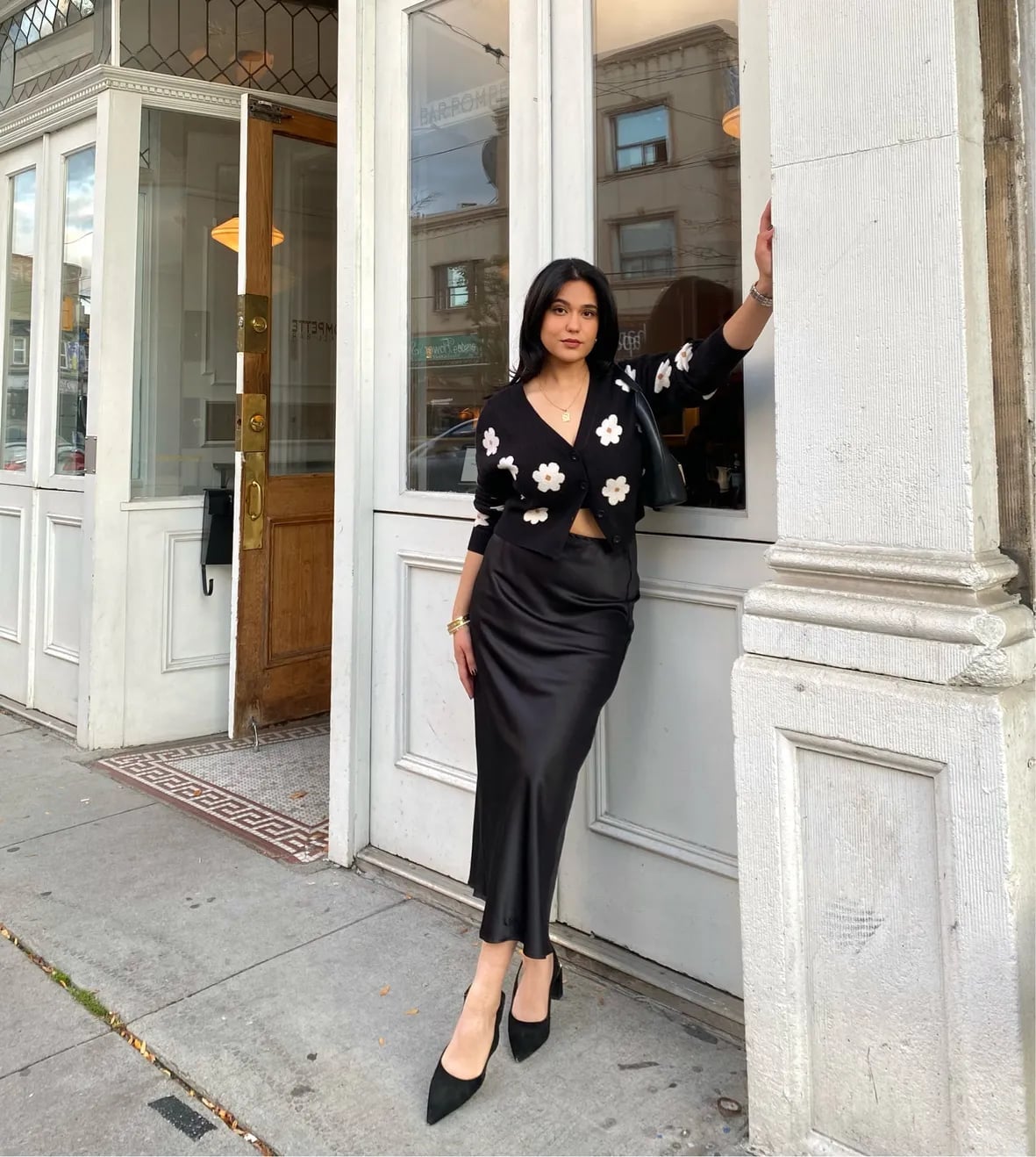 Black Satin Midi Skirt With Floral Cardigan — Trendy Satin Skirt Outfits