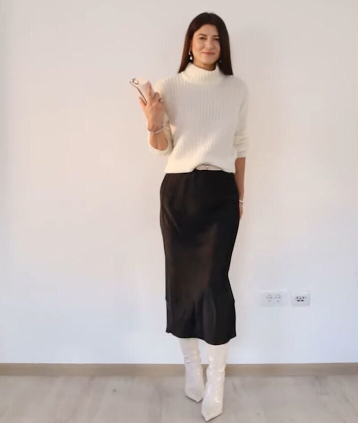 Black Satin Midi Skirt With White Turtleneck — Trendy Satin Skirt Outfits