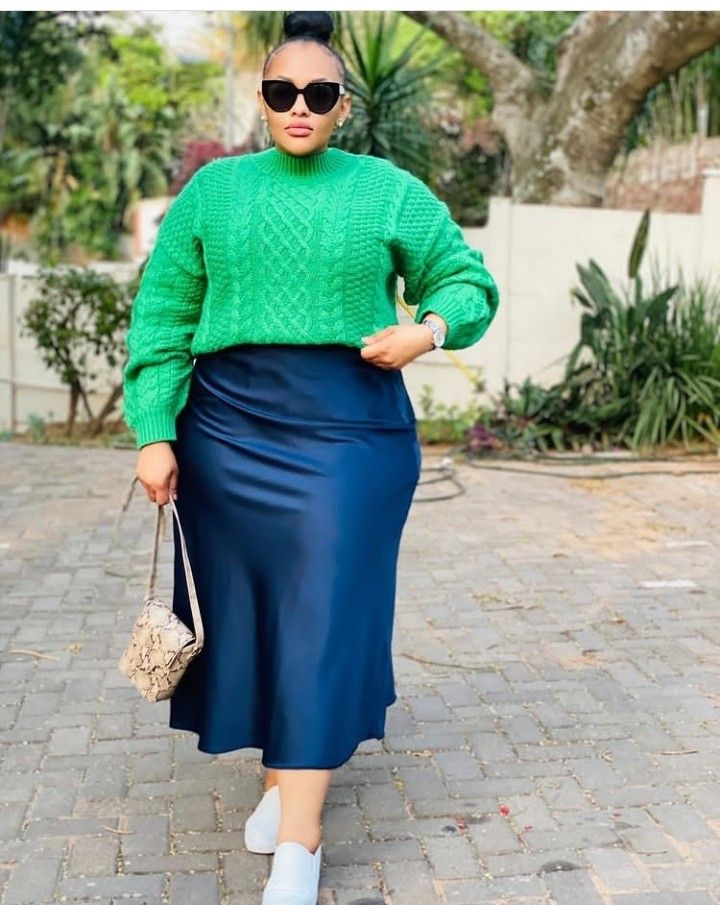 Navy Satin Midi Skirt With Bright Green Sweater — Trendy Satin Skirt Outfits